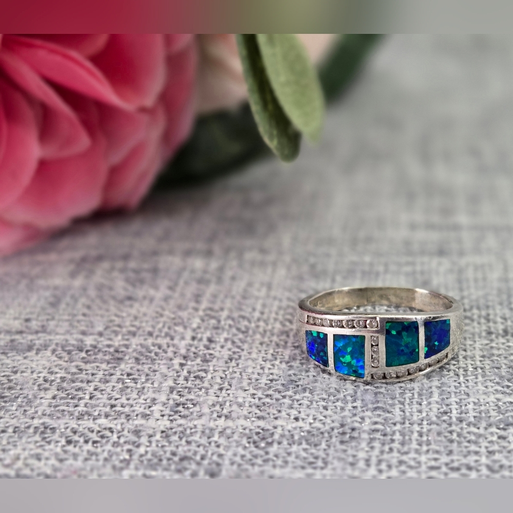Vintage Designer TGI Opal Inlay‎ Cubic Zirconia Sterling Silver Ring Size 7.25
